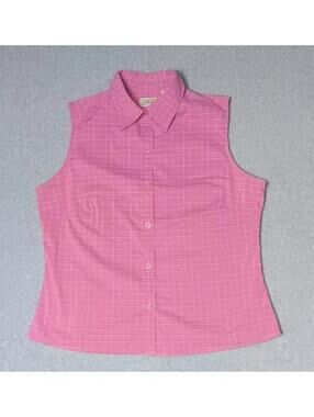 LL Bean Sleeveless Button Up Blouse Womens Size Medium Pink Plaid Collared Vest